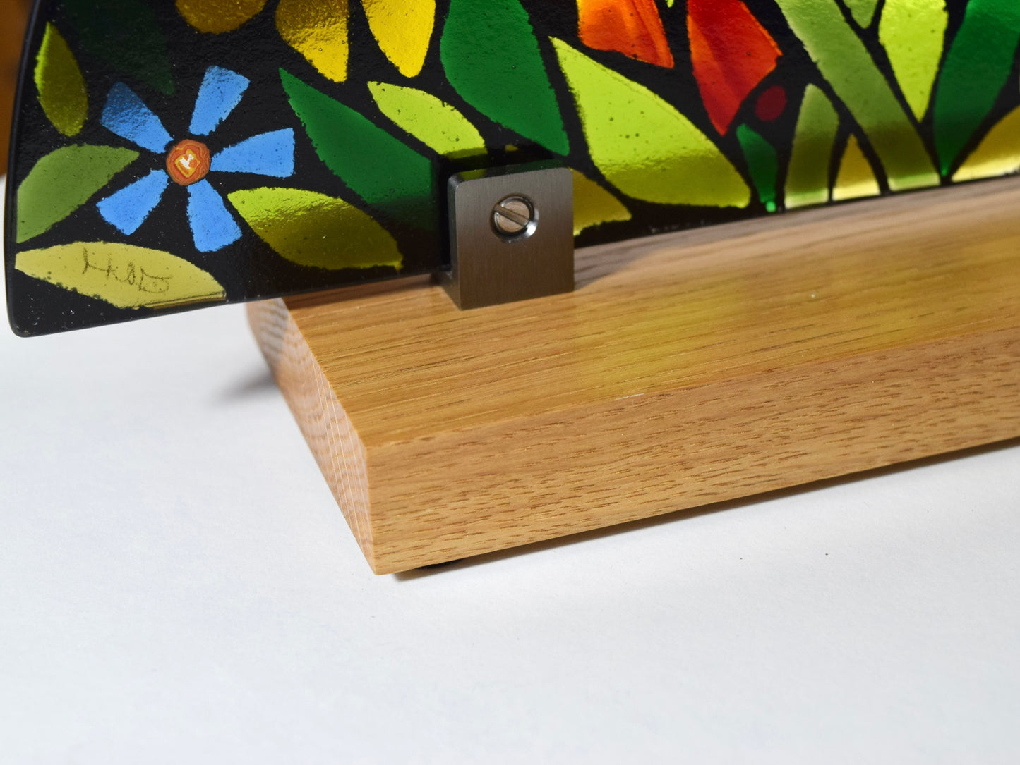 Semi Circular Fused Glass Floral Display on Oak Plinth