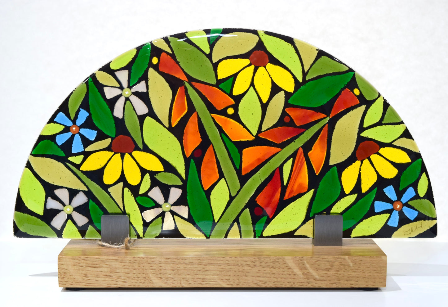 Semi Circular Fused Glass Floral Display on Oak Plinth