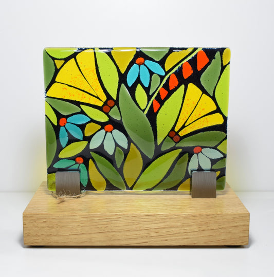 Small Floral Fused Glass Display on Oak Plinth