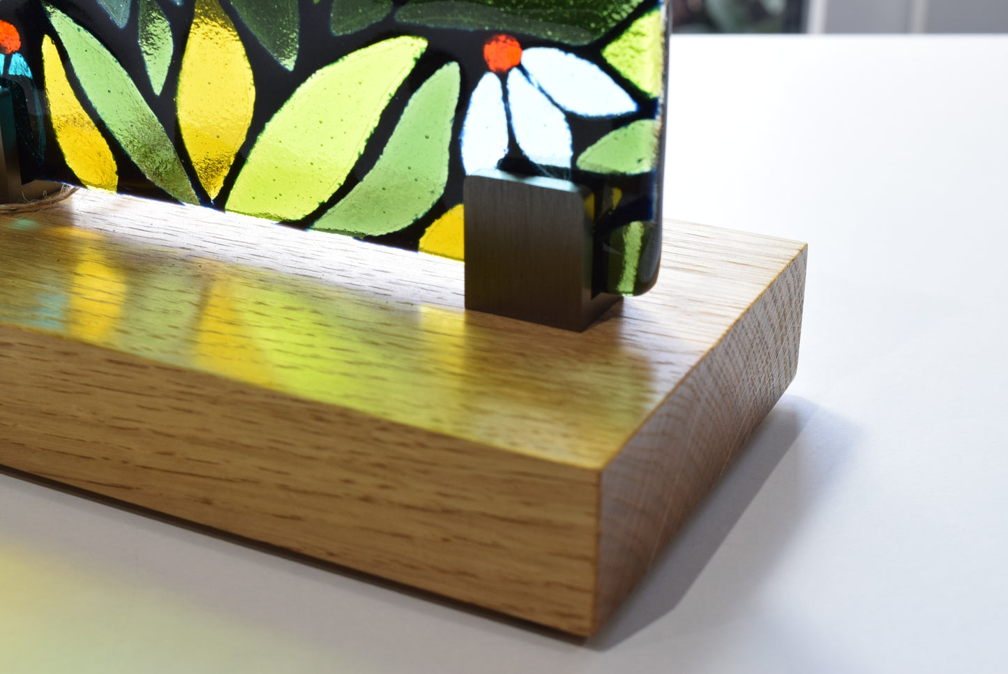 Small Floral Fused Glass Display on Oak Plinth