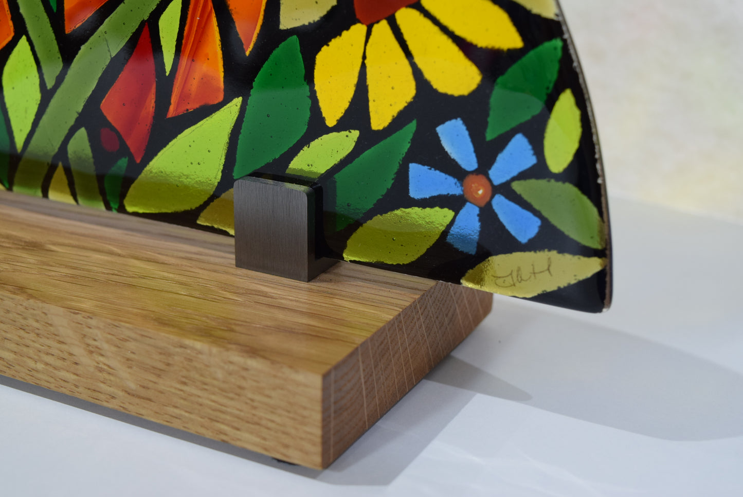 Semi Circular Fused Glass Floral Display on Oak Plinth