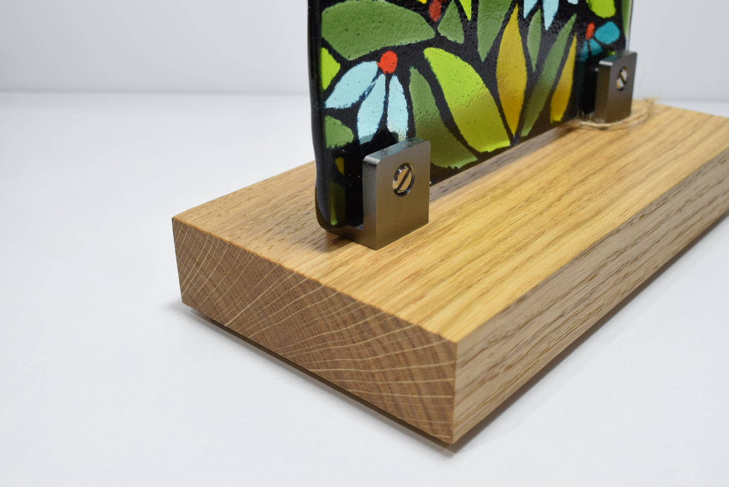 Small Floral Fused Glass Display on Oak Plinth