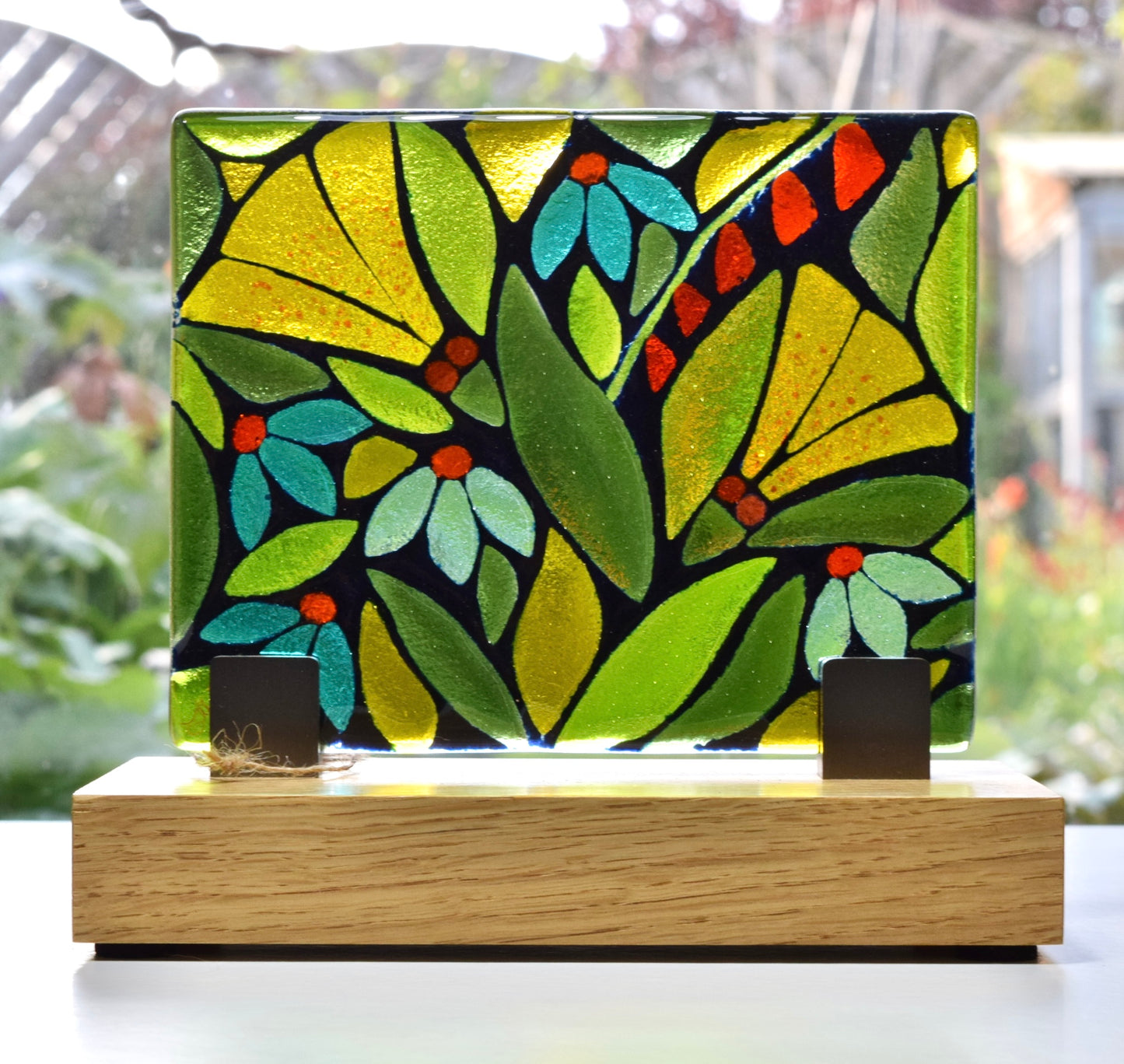 Small Floral Fused Glass Display on Oak Plinth