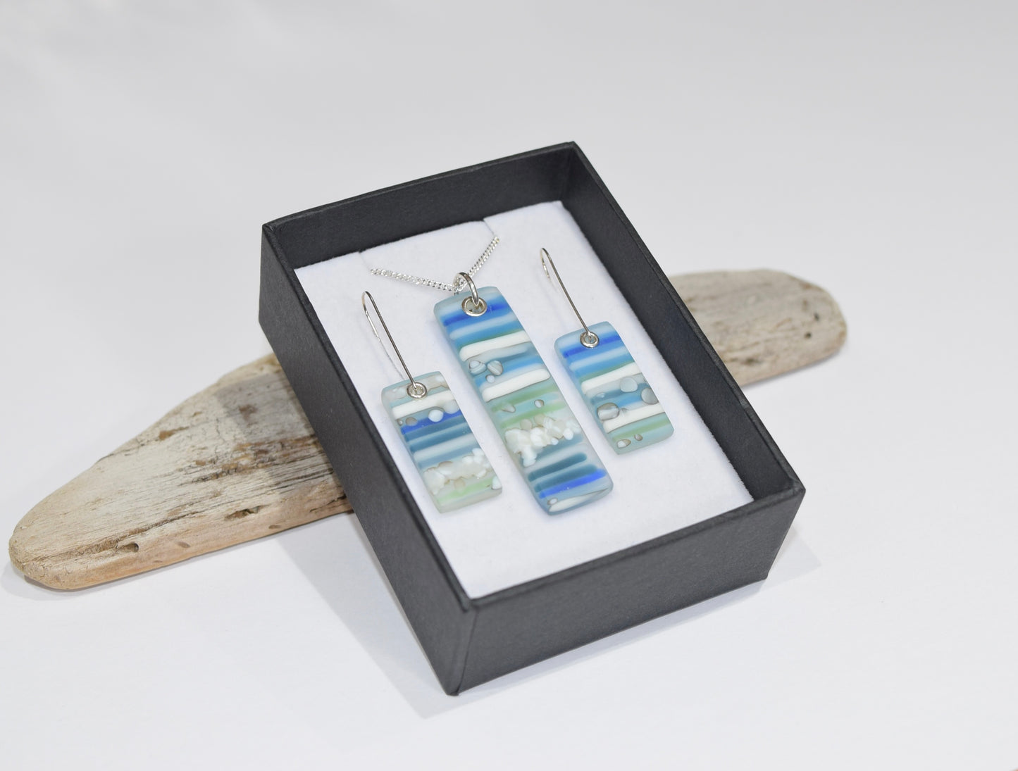 Blue Striped Oblong Pendant & Earring Set