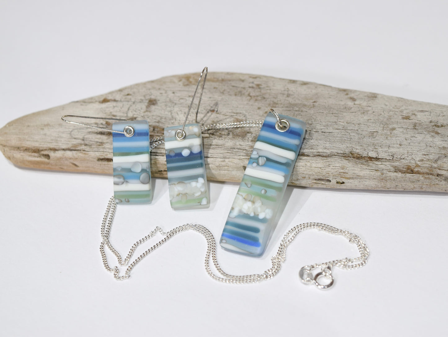 Blue Striped Oblong Pendant & Earring Set