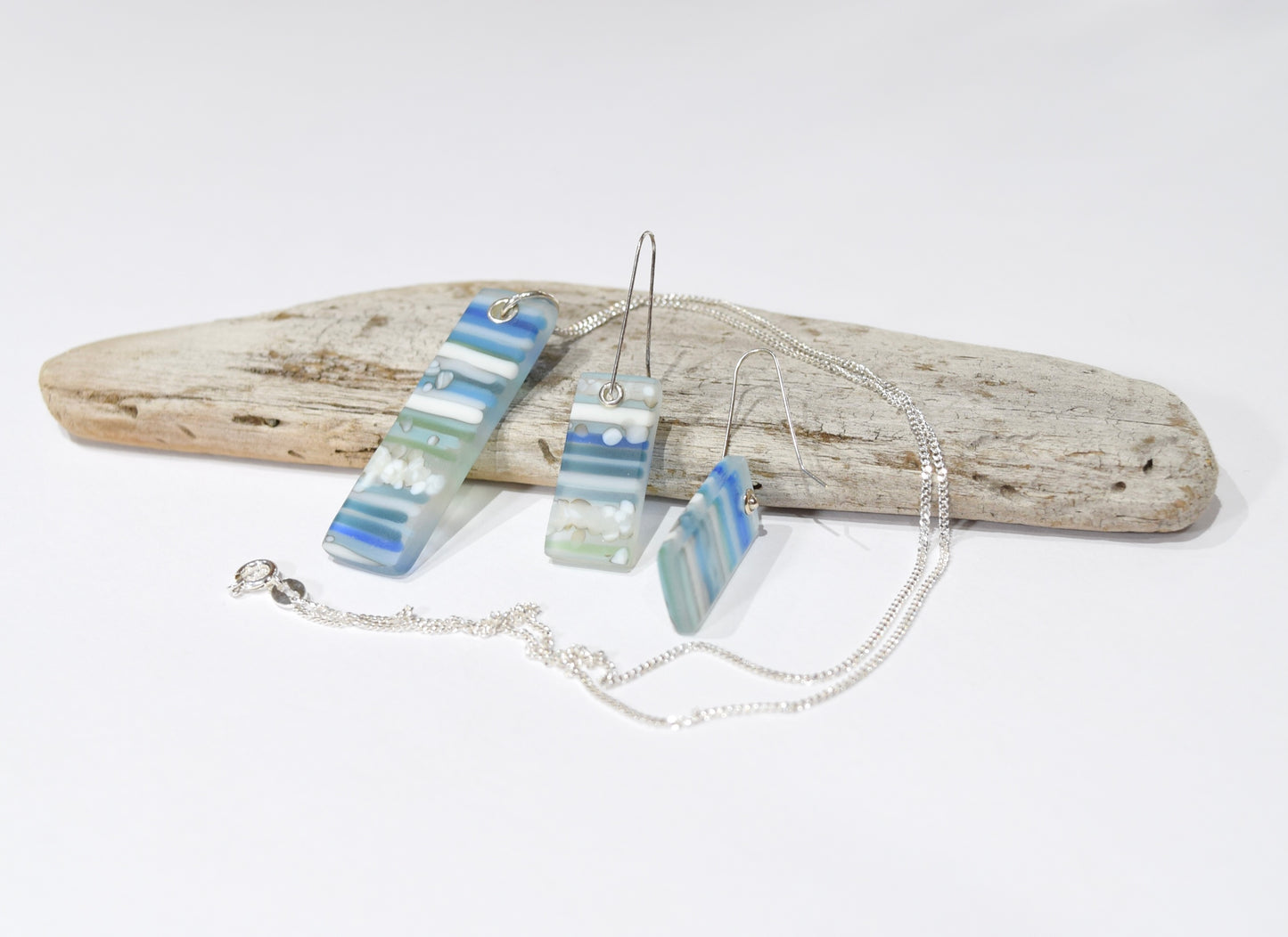 Blue Striped Oblong Pendant & Earring Set